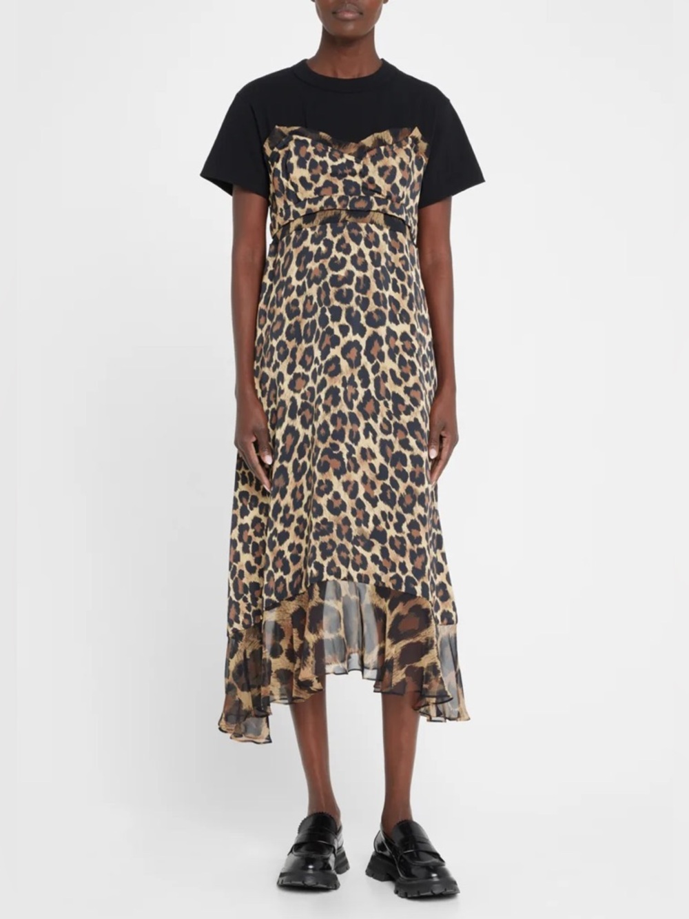 Sacai Leopard Slip Dress with Black Tee Overlay